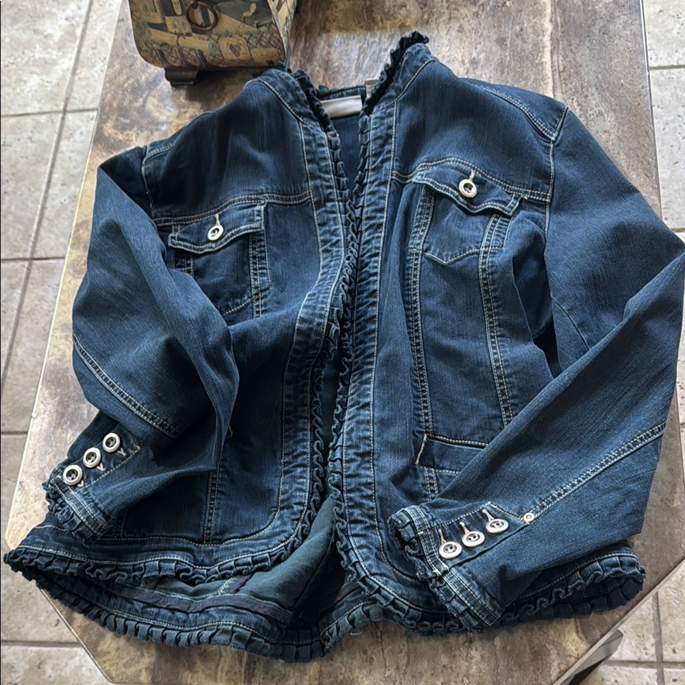 Chico’s platinum Denim Jacket with Ruffle Trim